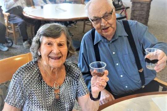 Elderly man in blue shirt and black overalls and an elderly woman in a grey dress holding a glass of red wine in a cheers